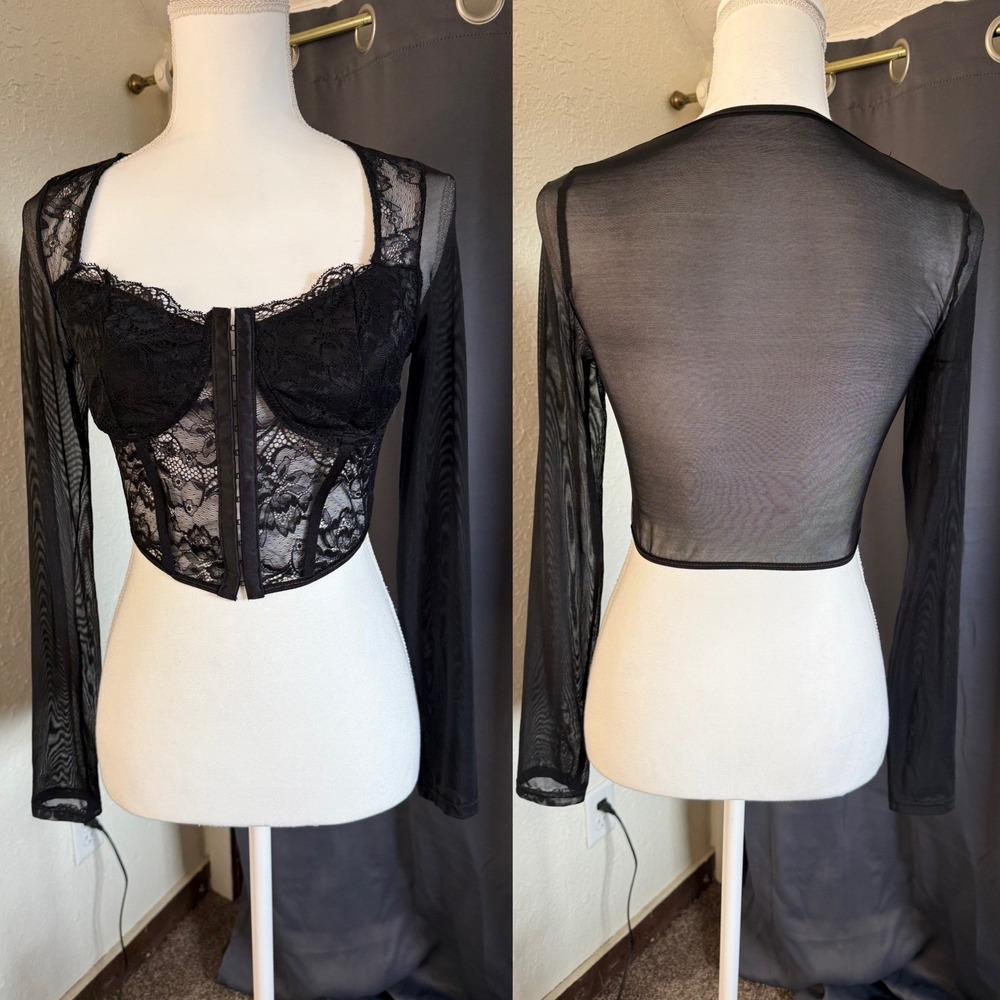 Black Lace Corset Crop Top Sheer Mesh Long Sleeve Hook Eye Front Gothic - Picture 2 of 7